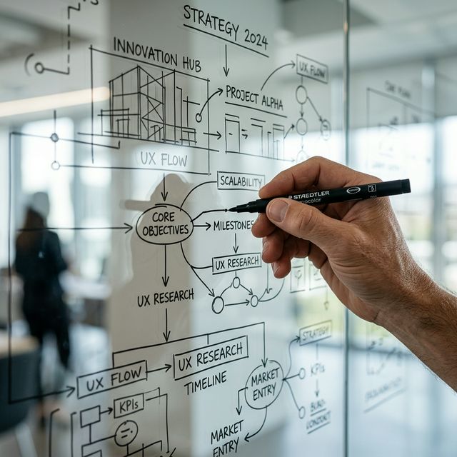 Consultant en stratégie digitale dessinant une architecture de marque complexe sur un tableau transparent