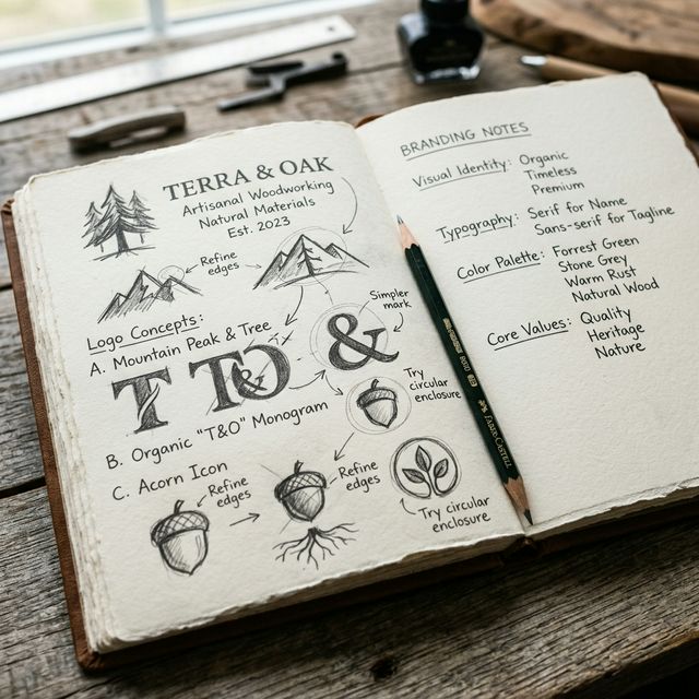 Cahier des charges premium et croquis de logo sur-mesure pour une stratégie d'identité visuelle