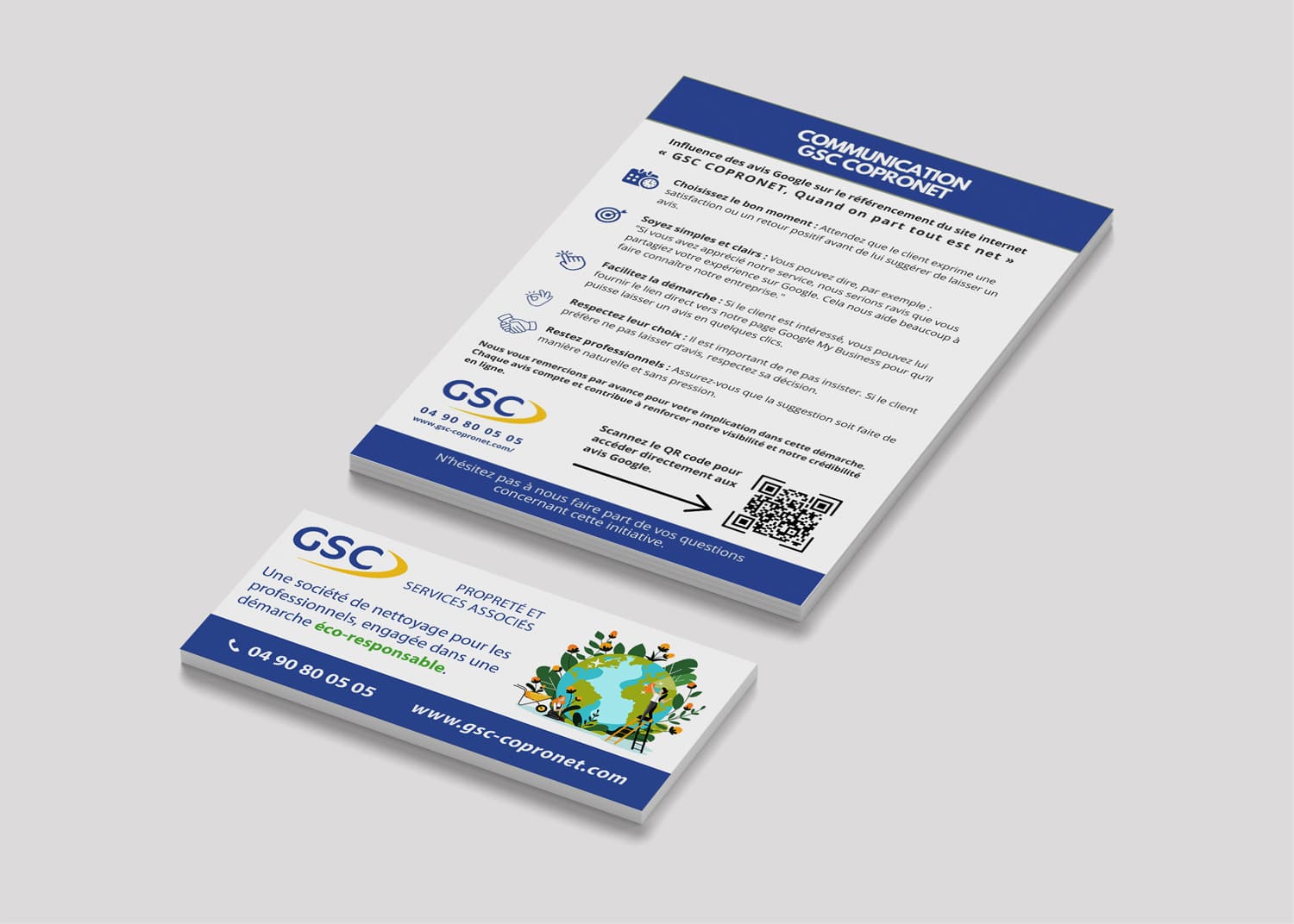 Mockup de dépliant premium sombres avec logos géométriques, illustrant la cohérence print et l'identité visuelle omnicanale pour le projet GSC Copronet.