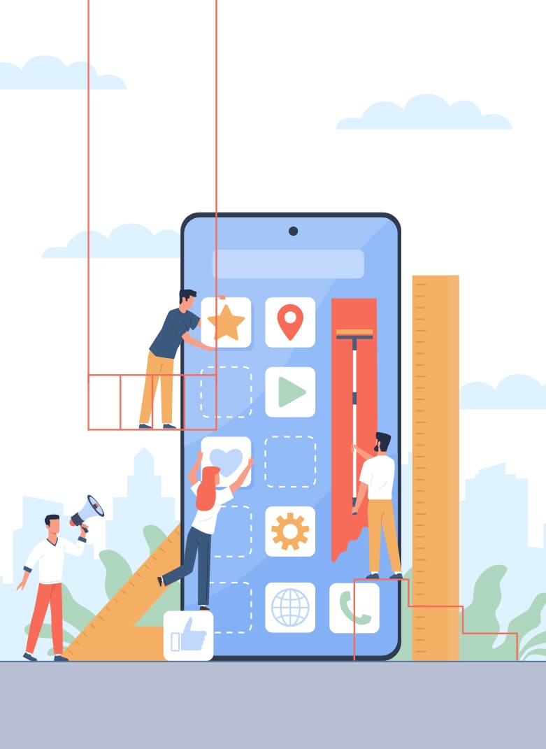Illustration d'une équipe designant l'écran d'un smartphone pour mettre en avant nos services de création pour support digital.